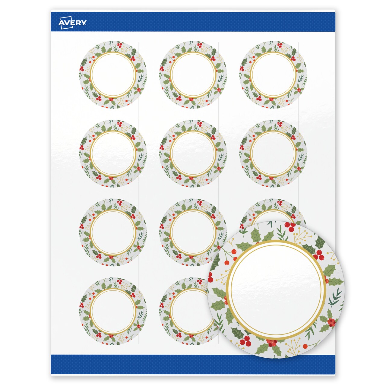 Avery Printable Christmas Labels with Sure Feed Technology, Round, 2" Diameter, Pre-Printed Light Blue Border with Metallic Gold Frame Design, Glossy White, Laser & Inkjet Compatible, 120 Total